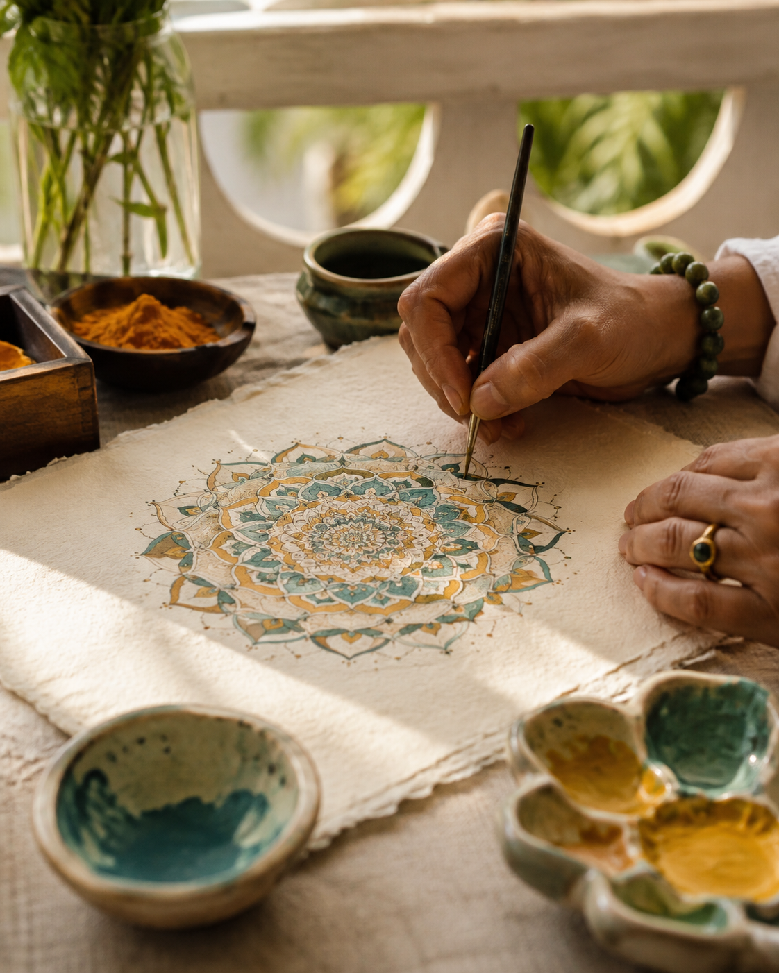 Hands painting a detailed mandala on handmade paper