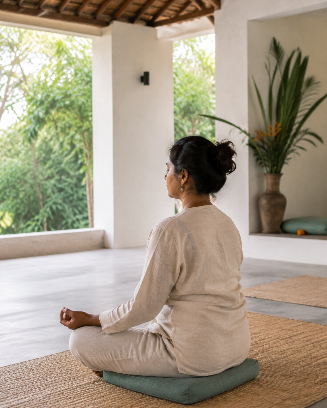 A participant seated in quiet meditation in a bright pavilion